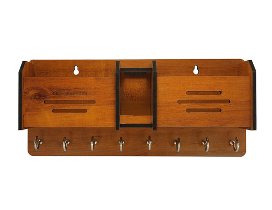 Wooden Wall Mounted Key Holder & Mobile Organizer Shelf with Pen Stand