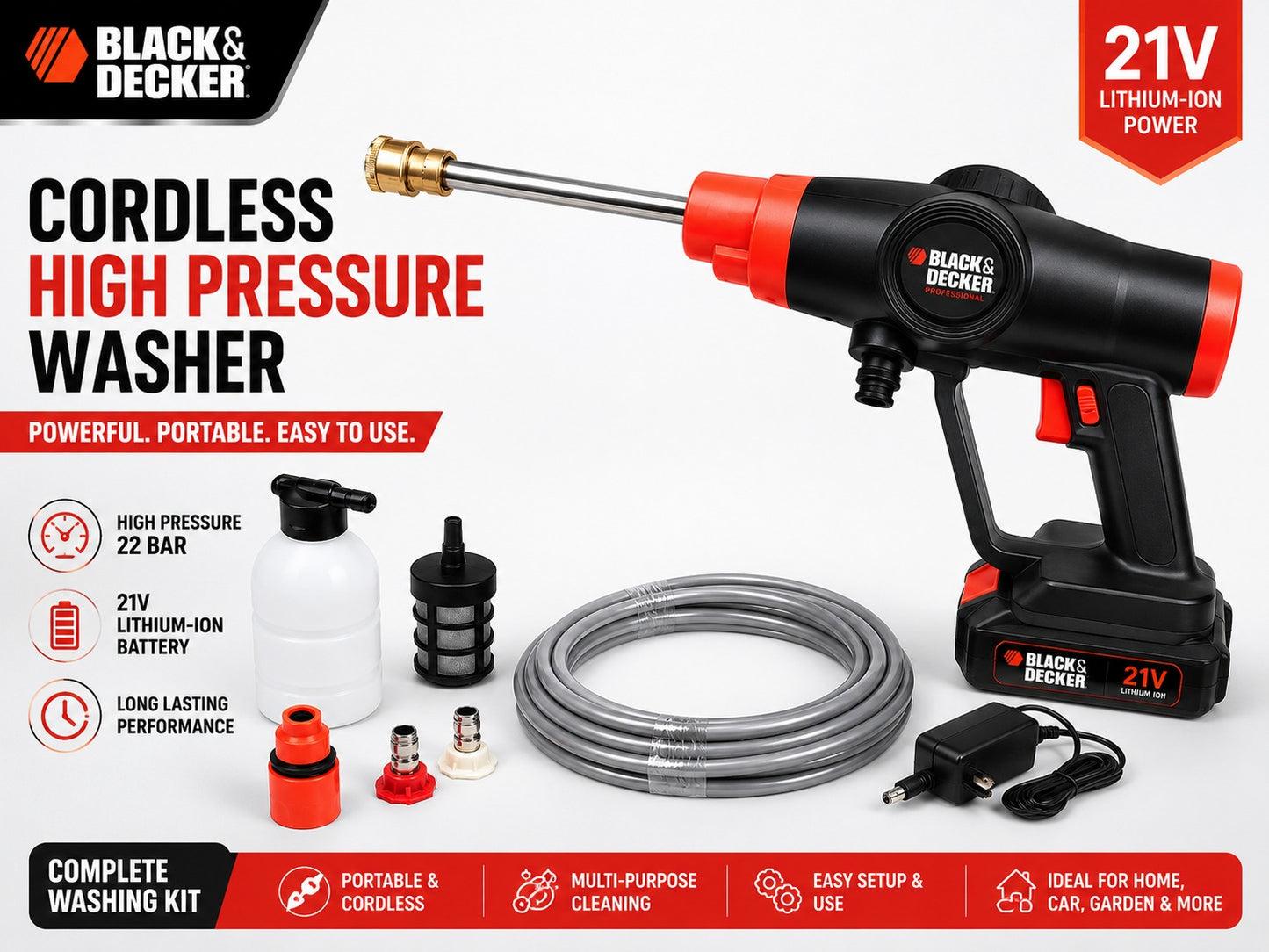 21V Cordless High Pressure Washer Gun Portable Car Wash Machine with Lithium Battery