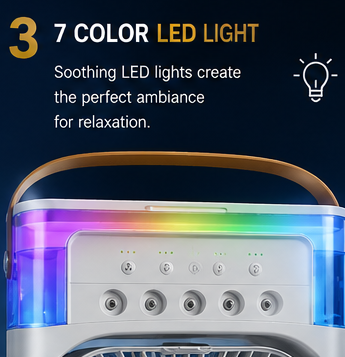 Portable Mini Air Cooler Fan with Mist Spray, 3 Speed USB Cooling Fan & 7 Color LED Light
