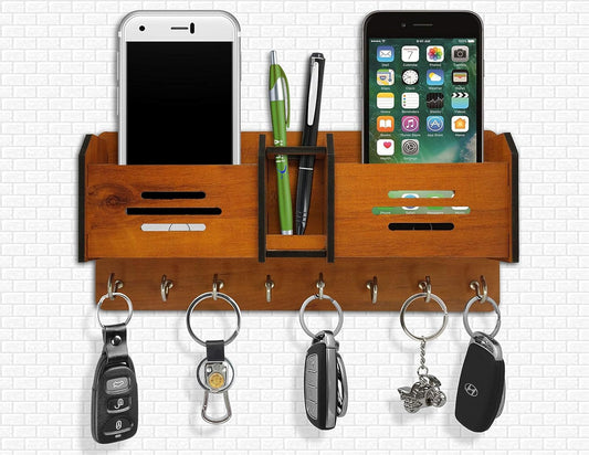 Wooden Wall Mounted Key Holder & Mobile Organizer Shelf with Pen Stand