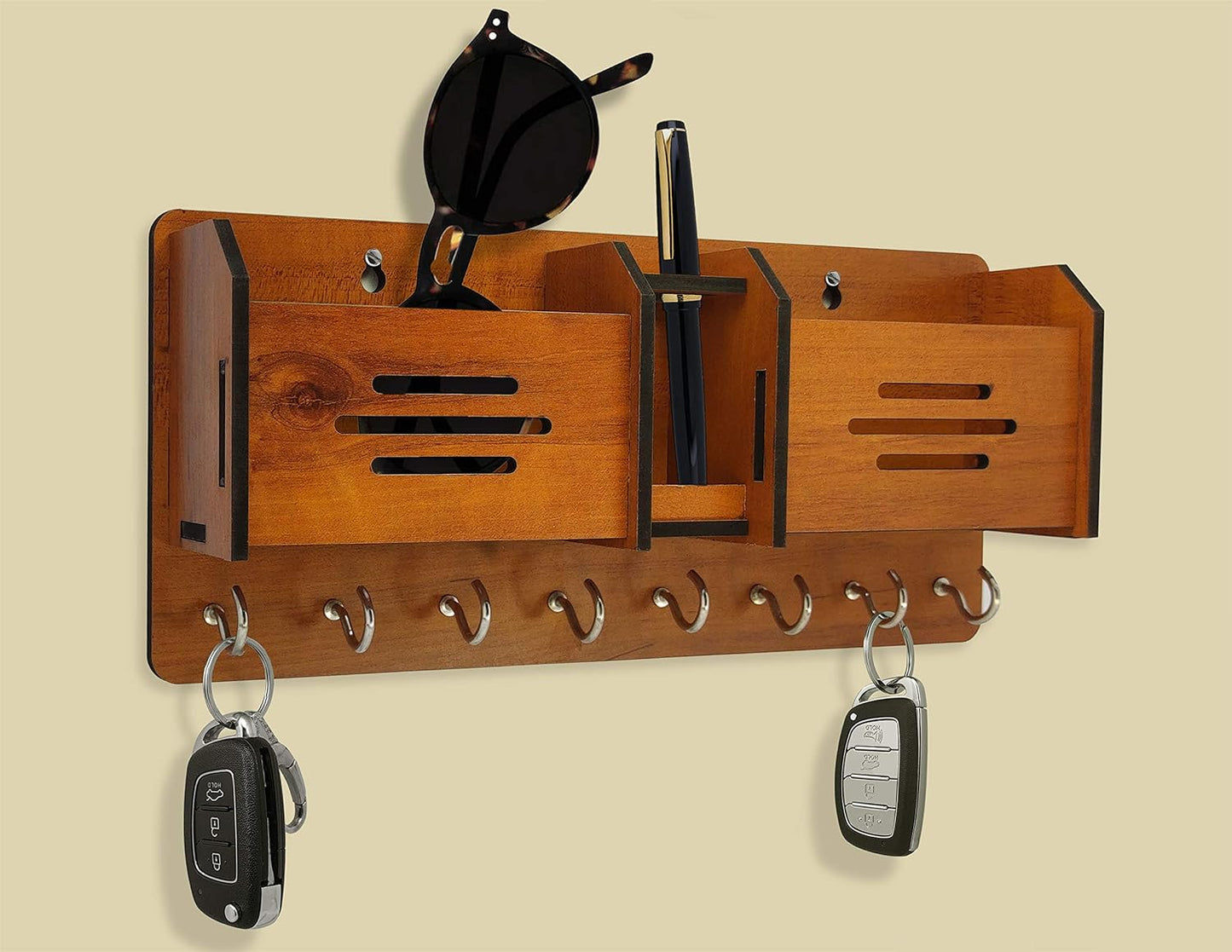 Wooden Wall Mounted Key Holder & Mobile Organizer Shelf with Pen Stand