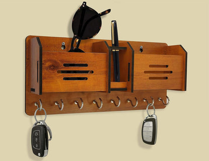 Wooden Wall Mounted Key Holder & Mobile Organizer Shelf with Pen Stand